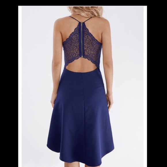 Navy cut out lace insert irregular hem dress - Picture 2 of 7
